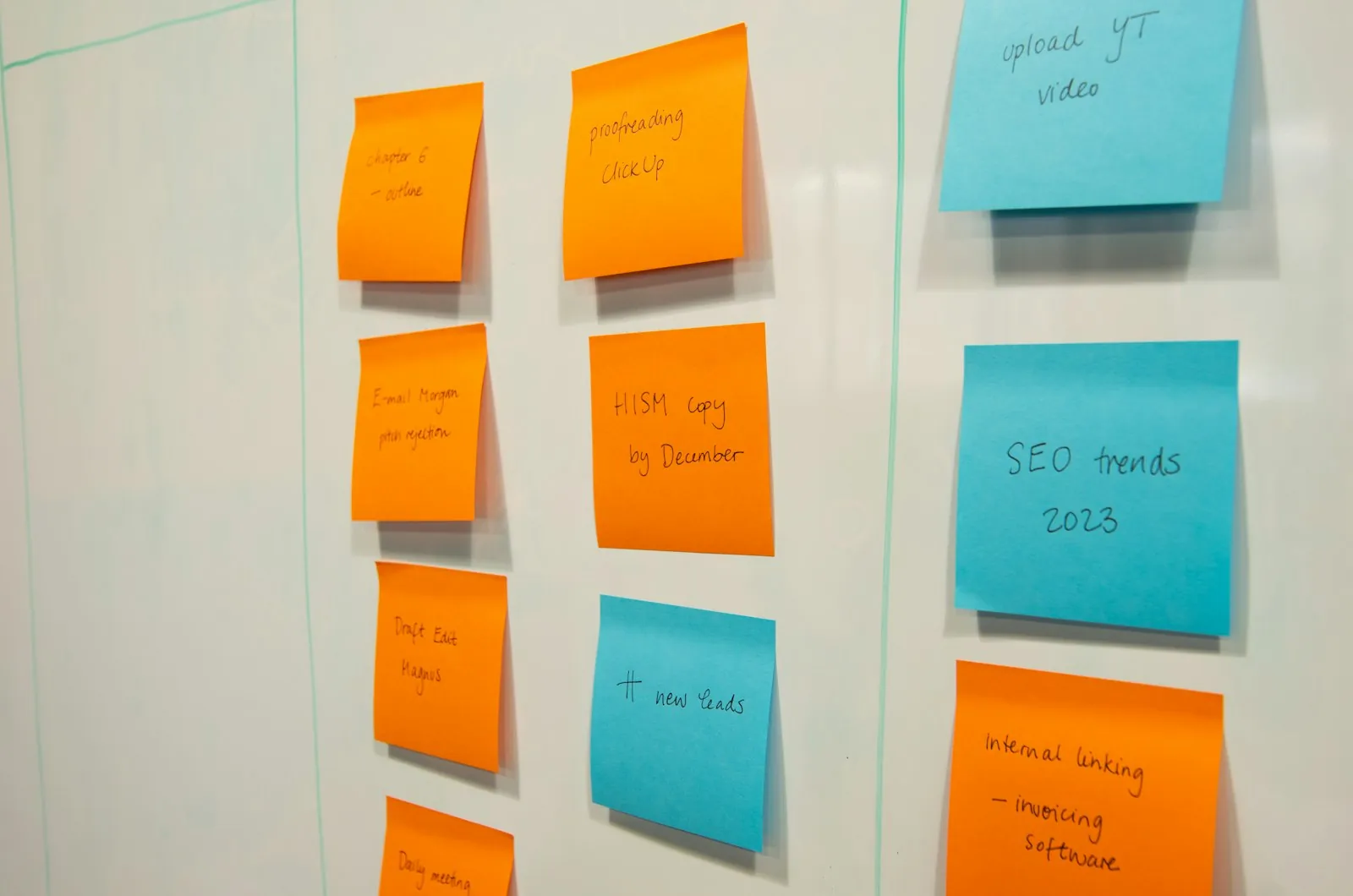 Orange and blue sticky notes with tasks arranged in columns on a whiteboard