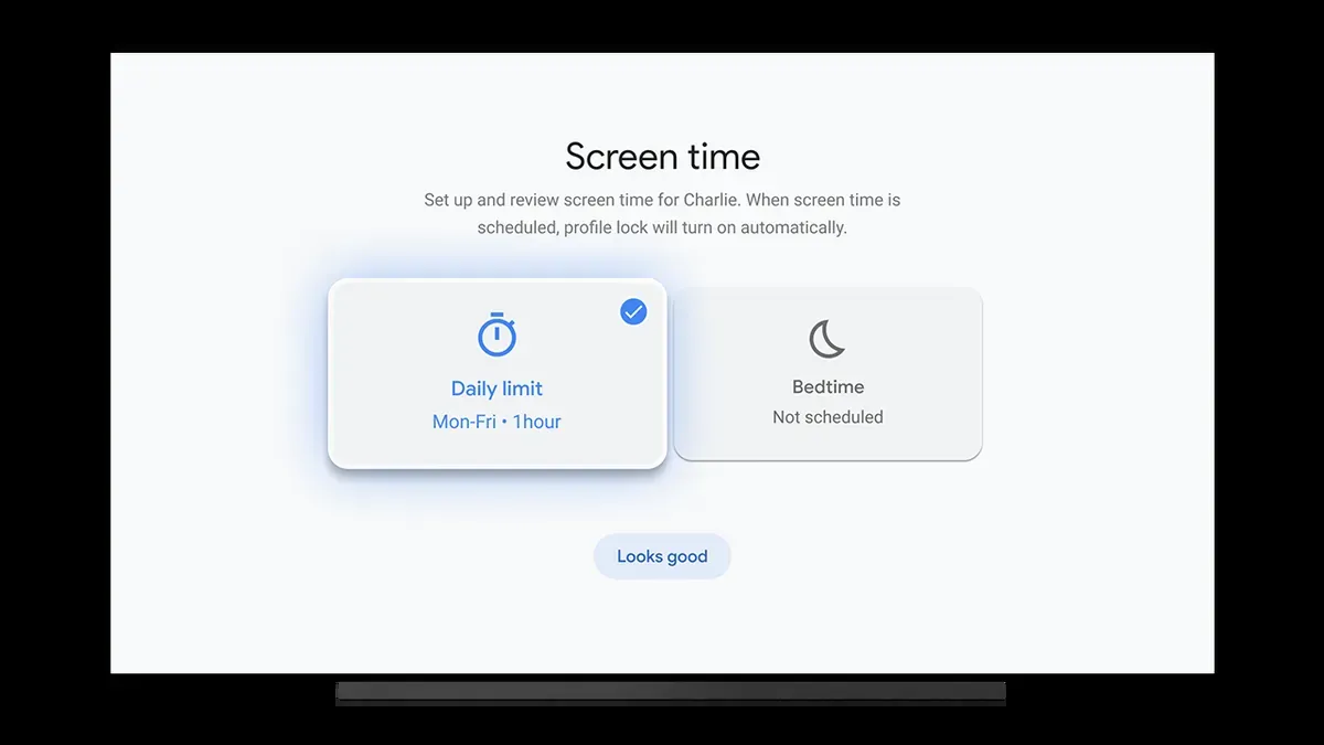 Google TV Screen time settings for a kids profile, with a daily limit of one hour on weekdays and bedtime not yet scheduled