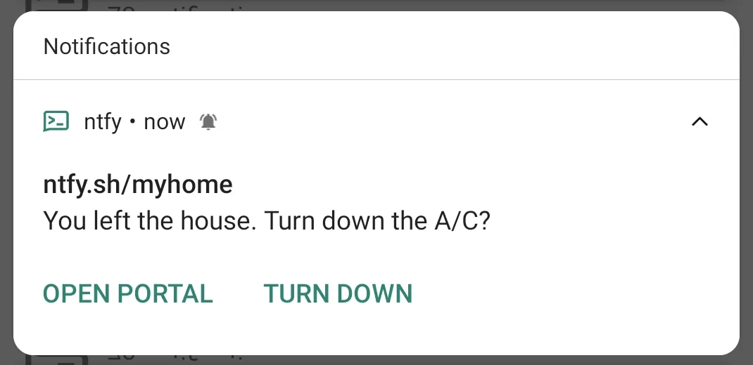 An Android notification from the ntfy app asking to turn down the air conditioning, with Open portal and Turn down buttons